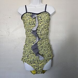 Lime Ricki Women's Medium Tankini Swim Suit Blue Yellow Floral Ruffle Two Piece